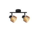 TWINE 2 E14 ceiling spot light in sand black with amber ribbed glass drum shade, 2 heads, lit