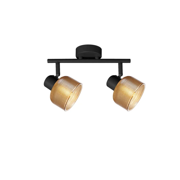 TWINE 2 E14 ceiling spot light in sand black with amber ribbed glass drum shade, 2 heads, lit