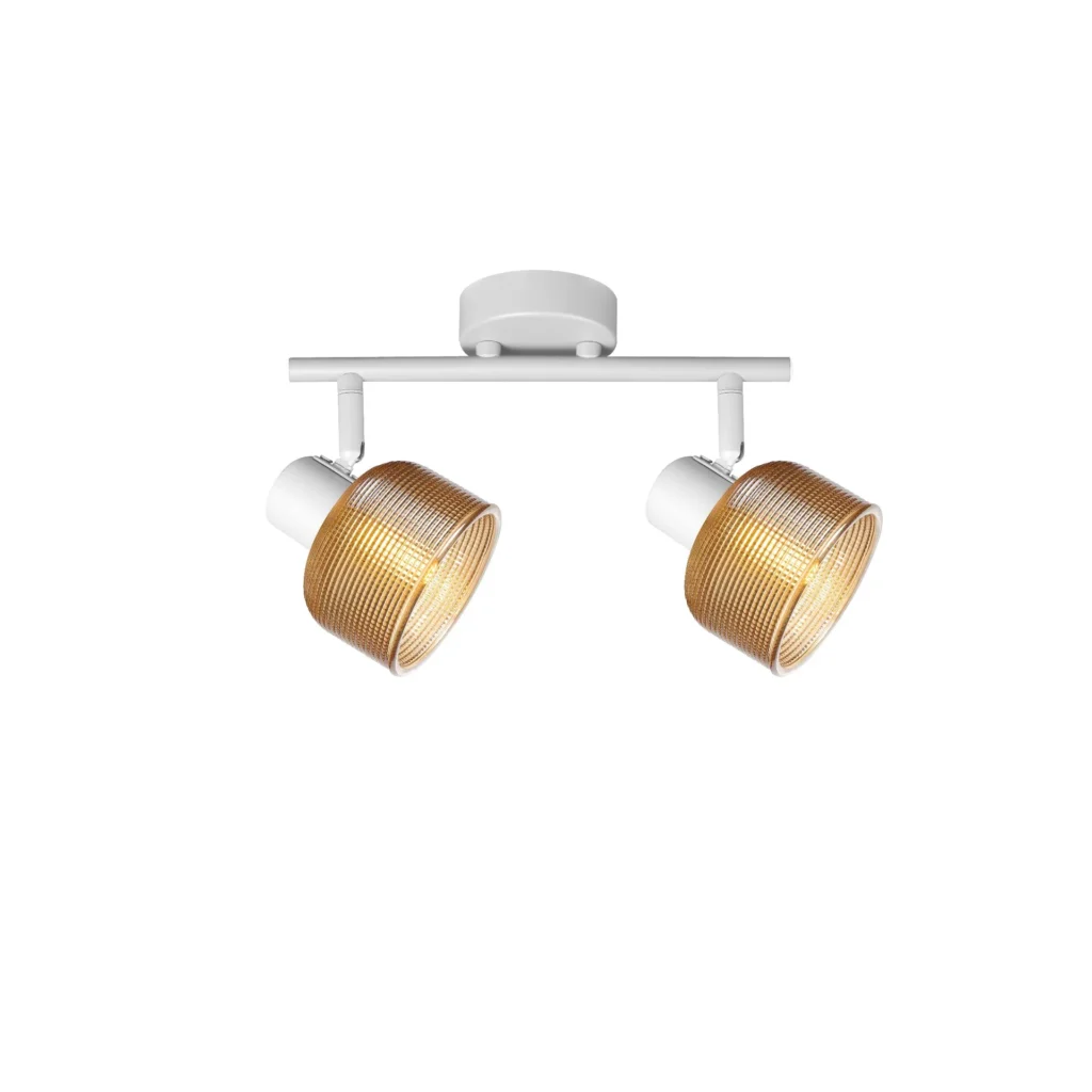 TWINE 2 E14 ceiling spot light in sand white with amber ribbed glass drum shade, 2 heads, lit