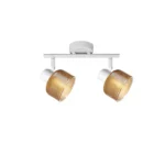TWINE 2 E14 ceiling spot light in sand white with amber ribbed glass drum shade, 2 heads, lit