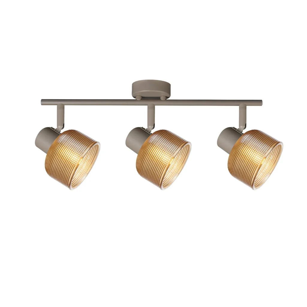 TWINE 3 E14 ceiling spot light in beige with amber ribbed glass drum shade, 3 heads, lit