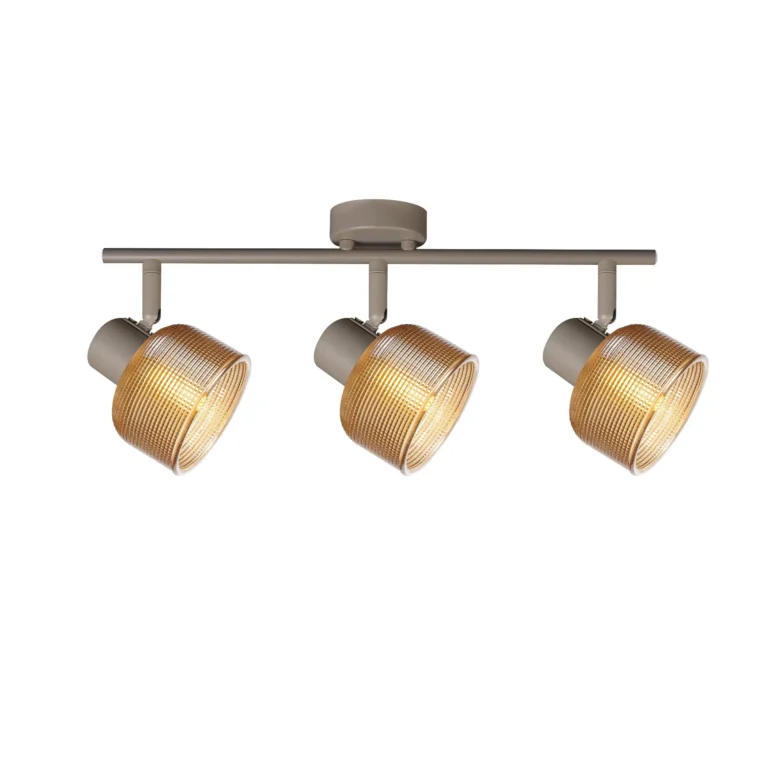 TWINE 3 E14 ceiling spot light in beige with amber ribbed glass drum shade, 3 heads, lit