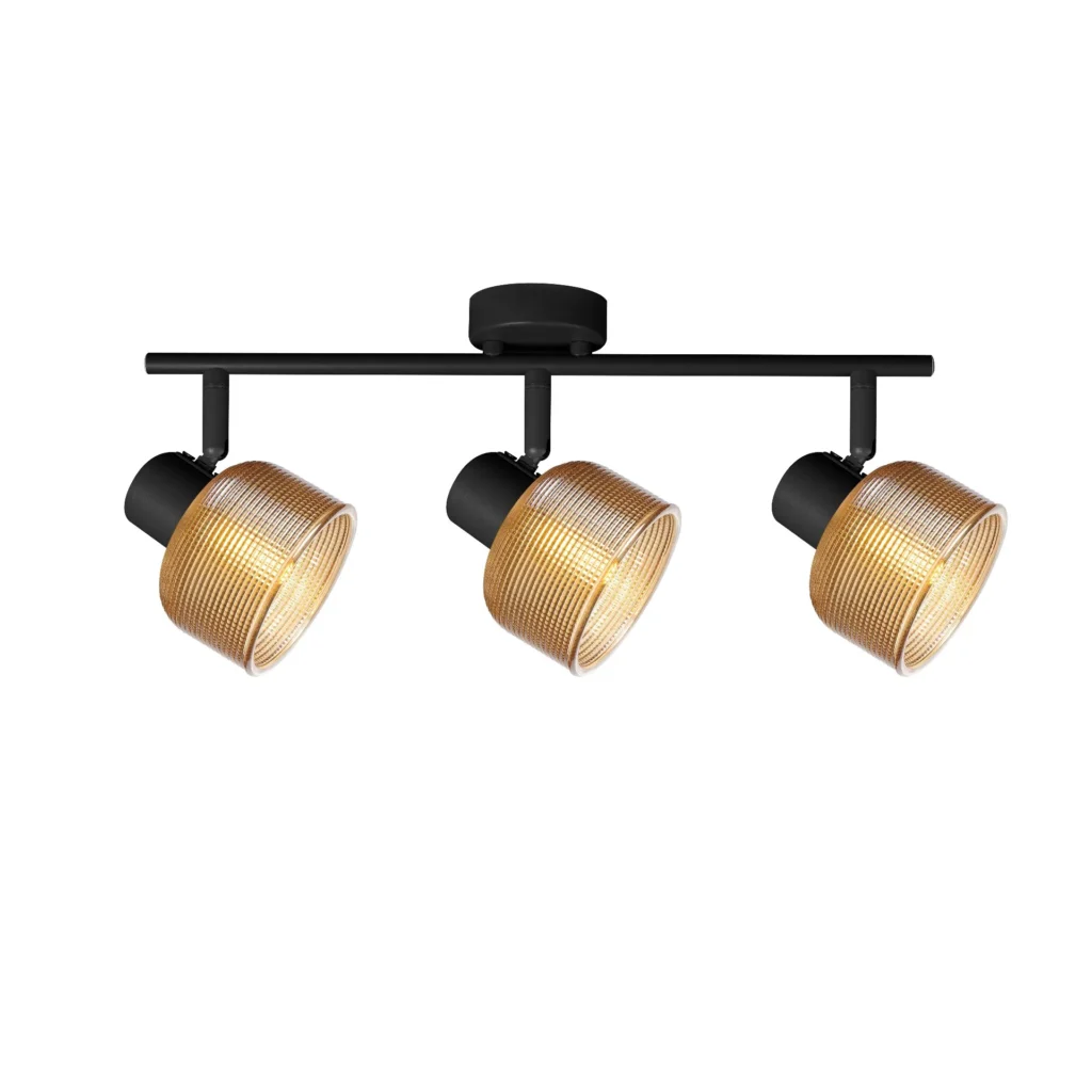 TWINE 3 E14 ceiling spot light in sand black with amber ribbed glass drum shade, 3 heads, lit
