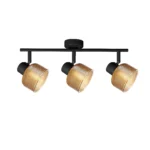 TWINE 3 E14 ceiling spot light in sand black with amber ribbed glass drum shade, 3 heads, lit