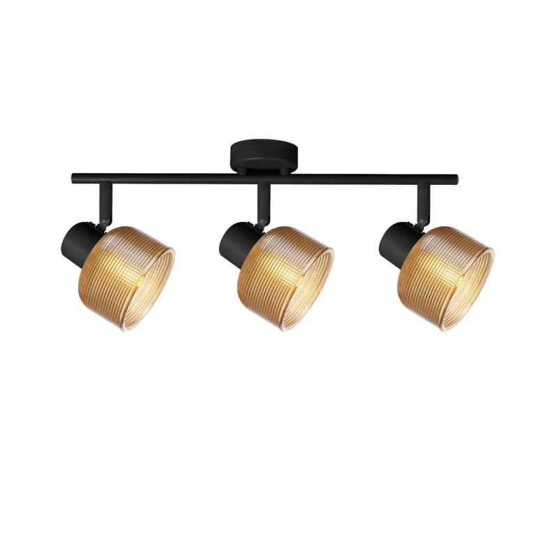 TWINE 3 E14 ceiling spot light in sand black with amber ribbed glass drum shade, 3 heads, lit