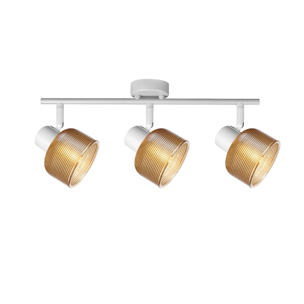TWINE 3 E14 ceiling spot light in sand white with amber ribbed glass drum shade, 3 heads, lit