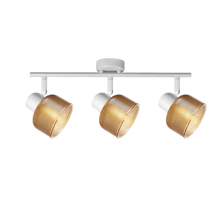 TWINE 3 E14 ceiling spot light in sand white with amber ribbed glass drum shade, 3 heads, lit