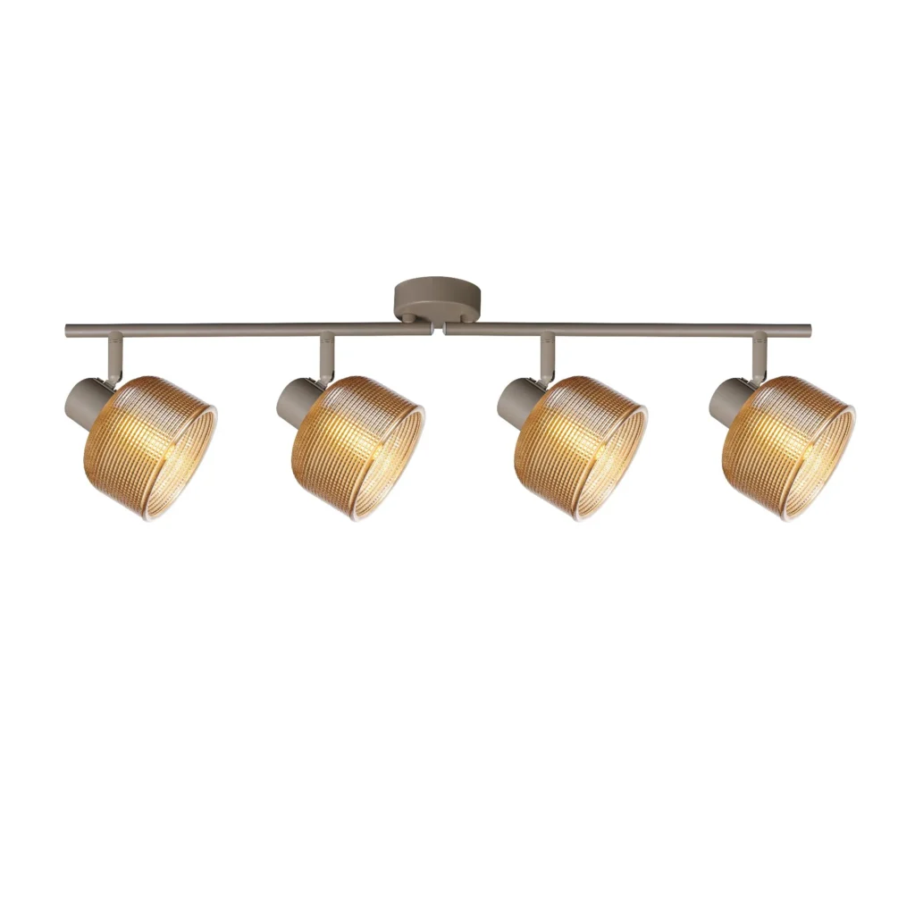 TWINE 4 E14 ceiling spot light in beige with amber ribbed glass drum shade, 4 heads, lit