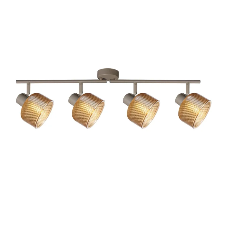TWINE 4 E14 ceiling spot light in beige with amber ribbed glass drum shade, 4 heads, lit