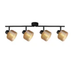 TWINE 4 E14 ceiling spot light in sand black with amber ribbed glass drum shade, 4 heads, lit