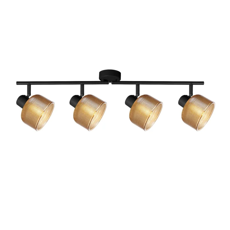 TWINE 4 E14 ceiling spot light in sand black with amber ribbed glass drum shade, 4 heads, lit