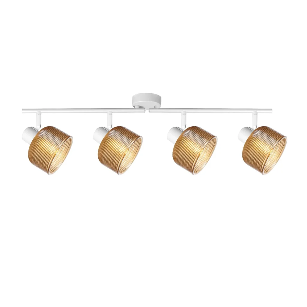 TWINE 4 E14 ceiling spot light in sand white with amber ribbed glass drum shade, 4 heads, lit