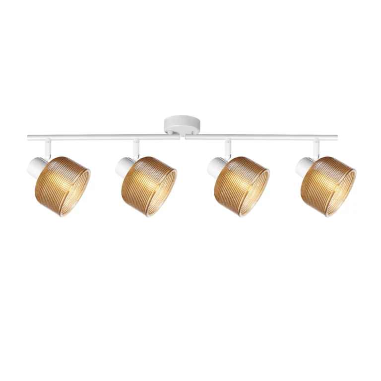 TWINE 4 E14 ceiling spot light in sand white with amber ribbed glass drum shade, 4 heads, lit