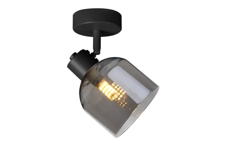 VEGA 1 E14 ceiling spot light in sand black with smoked glass shades, 1 head, lit