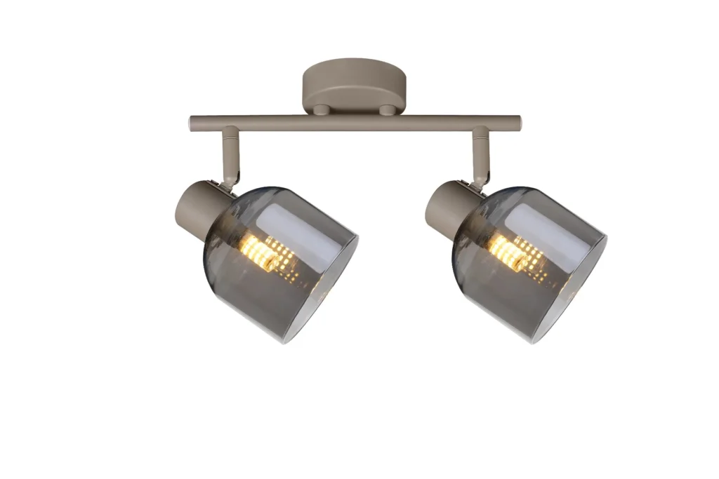 VEGA 2 E14 ceiling spot light in beige with smoked glass shades, 2 heads, lit