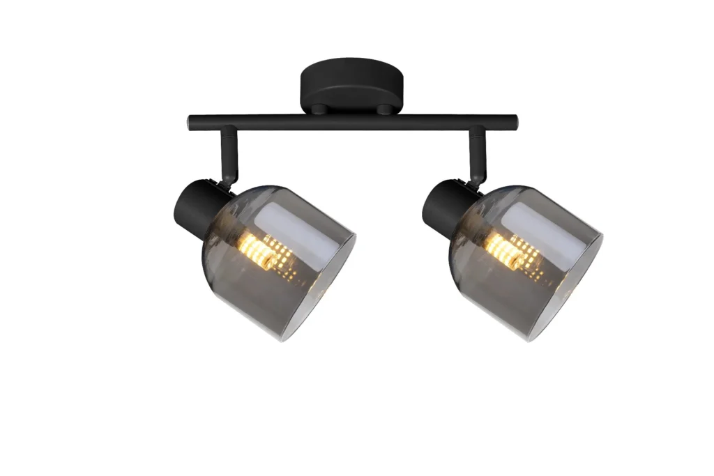 VEGA 2 E14 ceiling spot light in sand black with smoked glass shades, 2 heads, lit