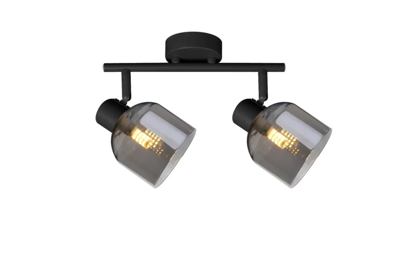VEGA 2 E14 ceiling spot light in sand black with smoked glass shades, 2 heads, lit