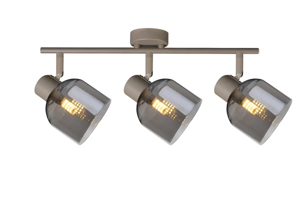 VEGA 3 E14 ceiling spot light in beige with smoked glass shades, 3 heads, lit