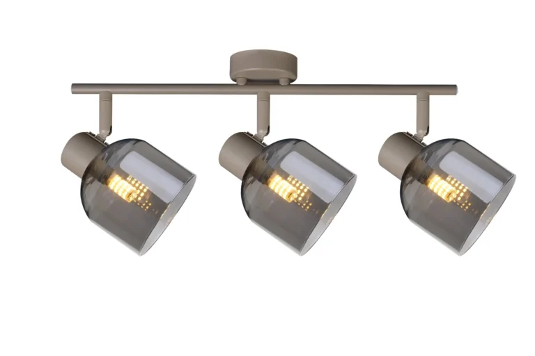 VEGA 3 E14 ceiling spot light in beige with smoked glass shades, 3 heads, lit