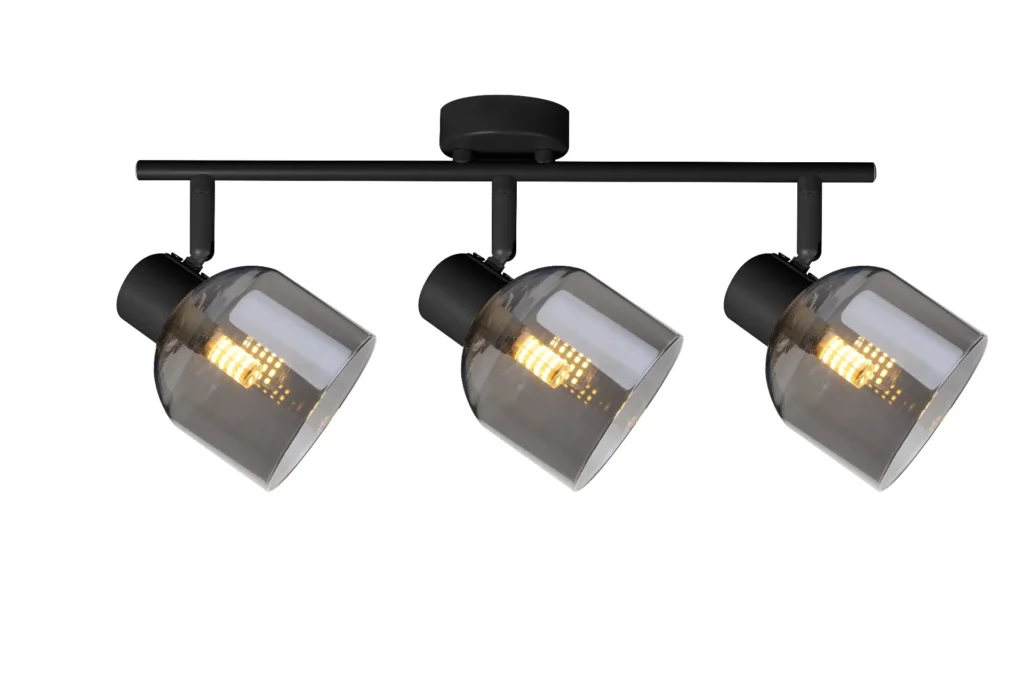 VEGA 3 E14 ceiling spot light in sand black with smoked glass shades, 3 heads, lit