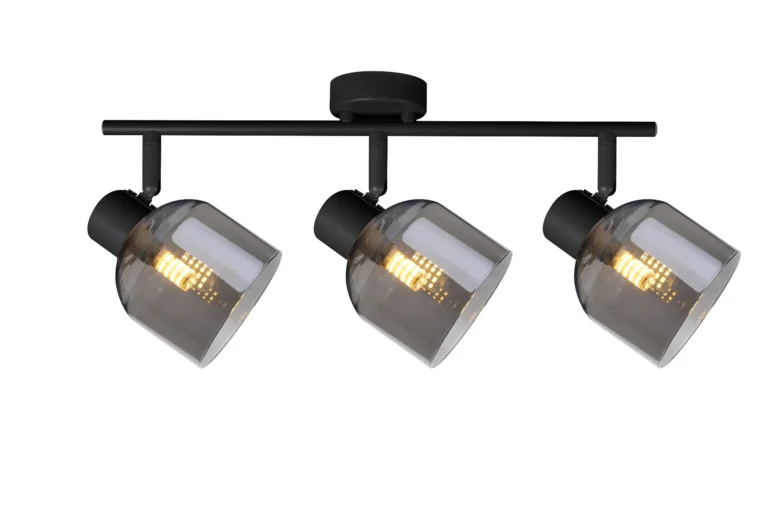 VEGA 3 E14 ceiling spot light in sand black with smoked glass shades, 3 heads, lit