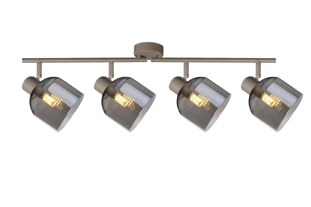 VEGA 4 E14 ceiling spot light in beige with smoked glass shades, 4 heads, lit